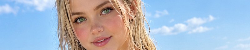 Close-up portrait of a young blonde woman with bright green eyes against a bright blue cloudy sum...