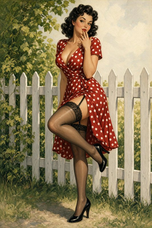 Retro pin-up woman in a red polka dot dress poses against a white picket fence in a sunlit garden