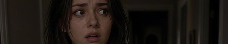 Terrified young woman with dark hair stares anxiously in a dim residential hallway