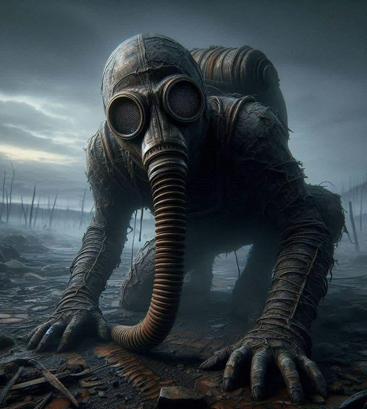Creeping gas-masked humanoid crawls across a barren foggy post-apocalyptic wasteland
