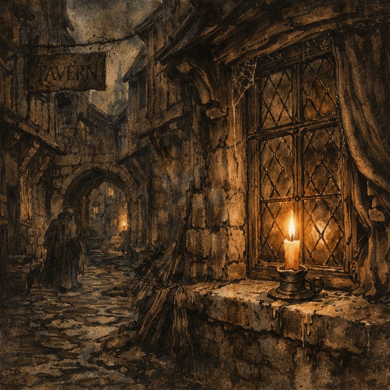 Candlelit medieval alley with stone buildings and a tavern sign in a moody, foggy street.