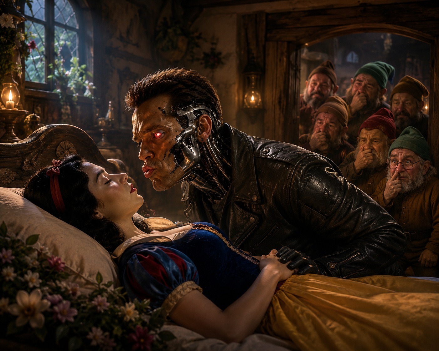 A metallic-augmented man in a leather jacket leans over Snow White on a bed.