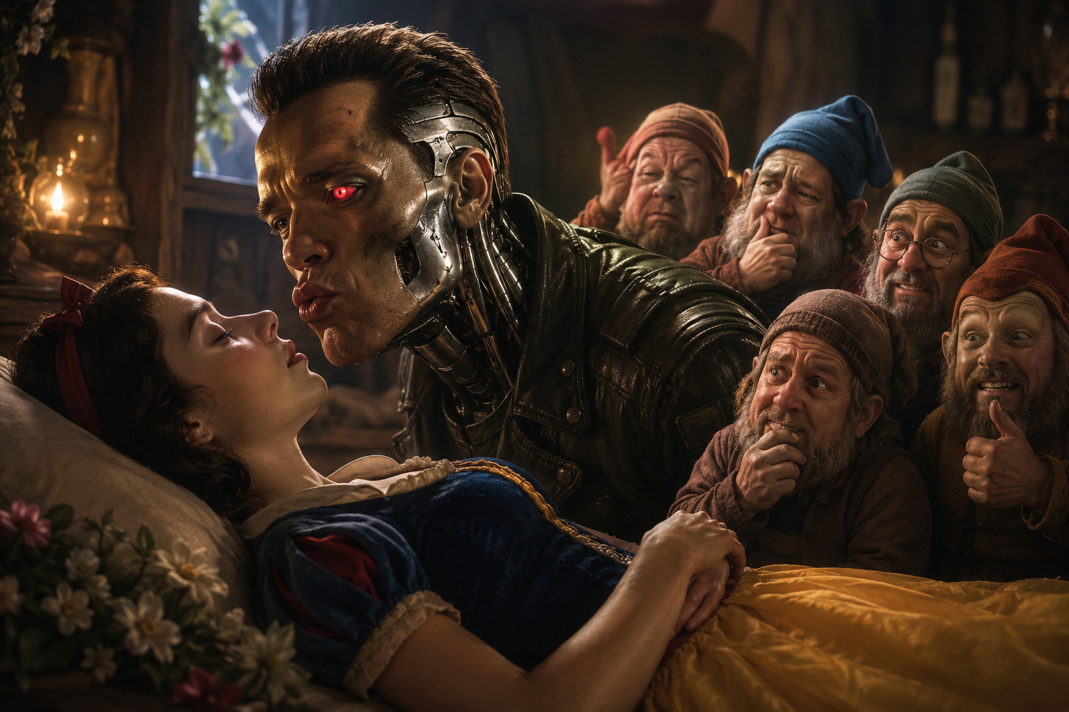Cybernetic Terminator kissing a sleeping woman in bed as a group of bearded onlookers watches in a dim, warm-lit tavern.