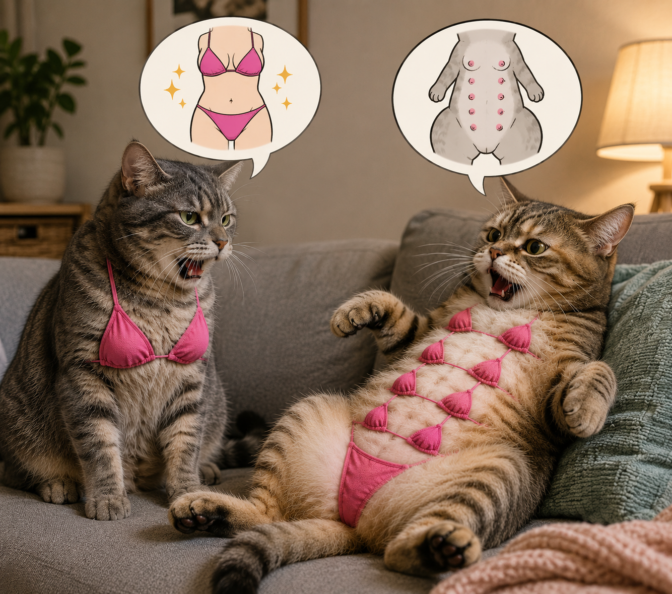 Two cats on a couch wearing pink bikinis with humorous thought-bubble drawings above them.