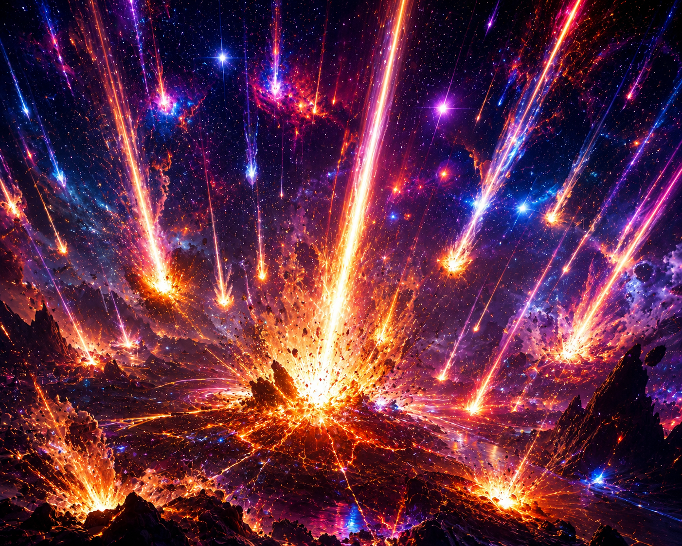 Dynamic cosmic meteor shower exploding over a jagged volcanic landscape with bright orange and purple streaks.