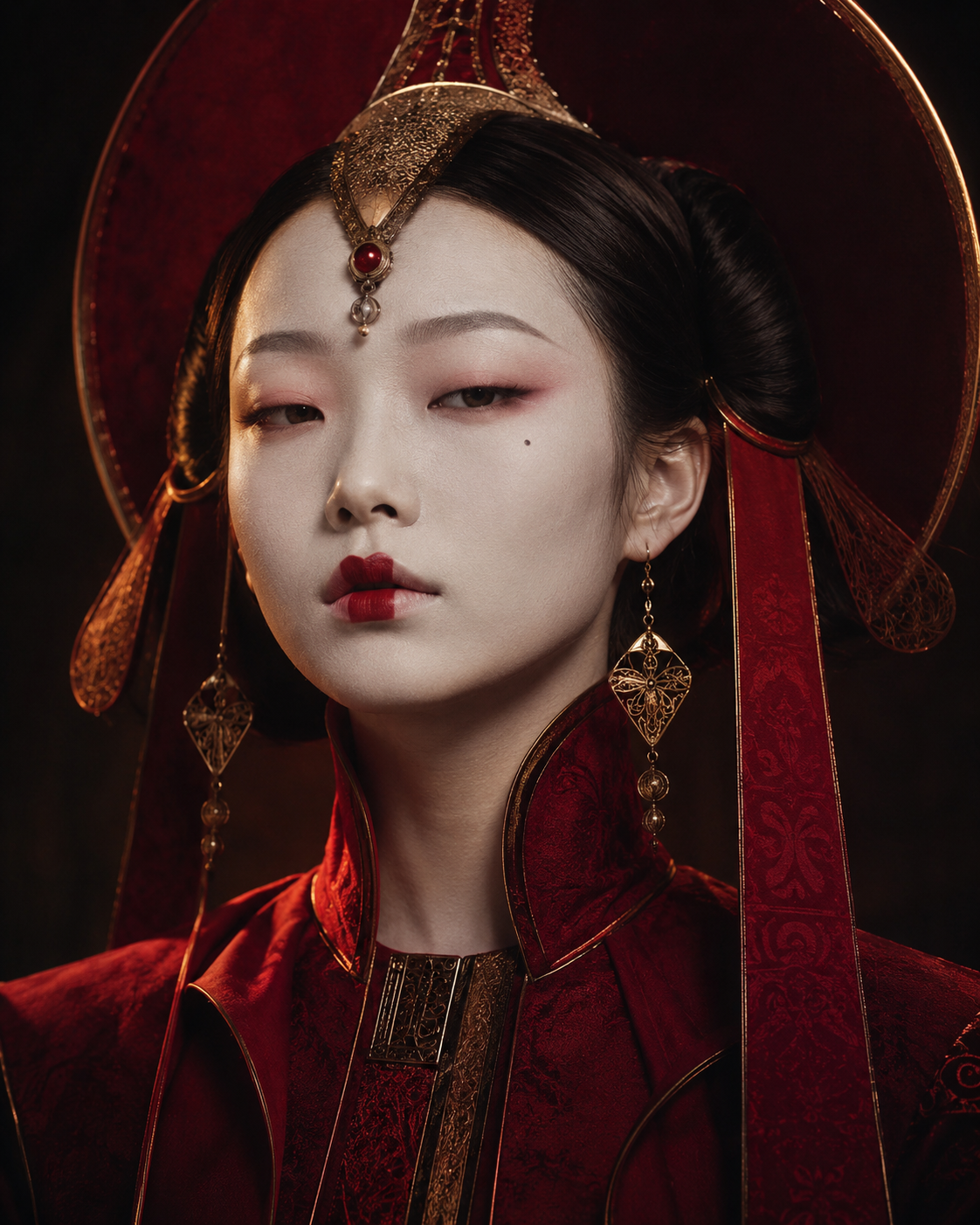 Elegant woman in a red imperial headdress and traditional Chinese attire with ornate gold jewelry.