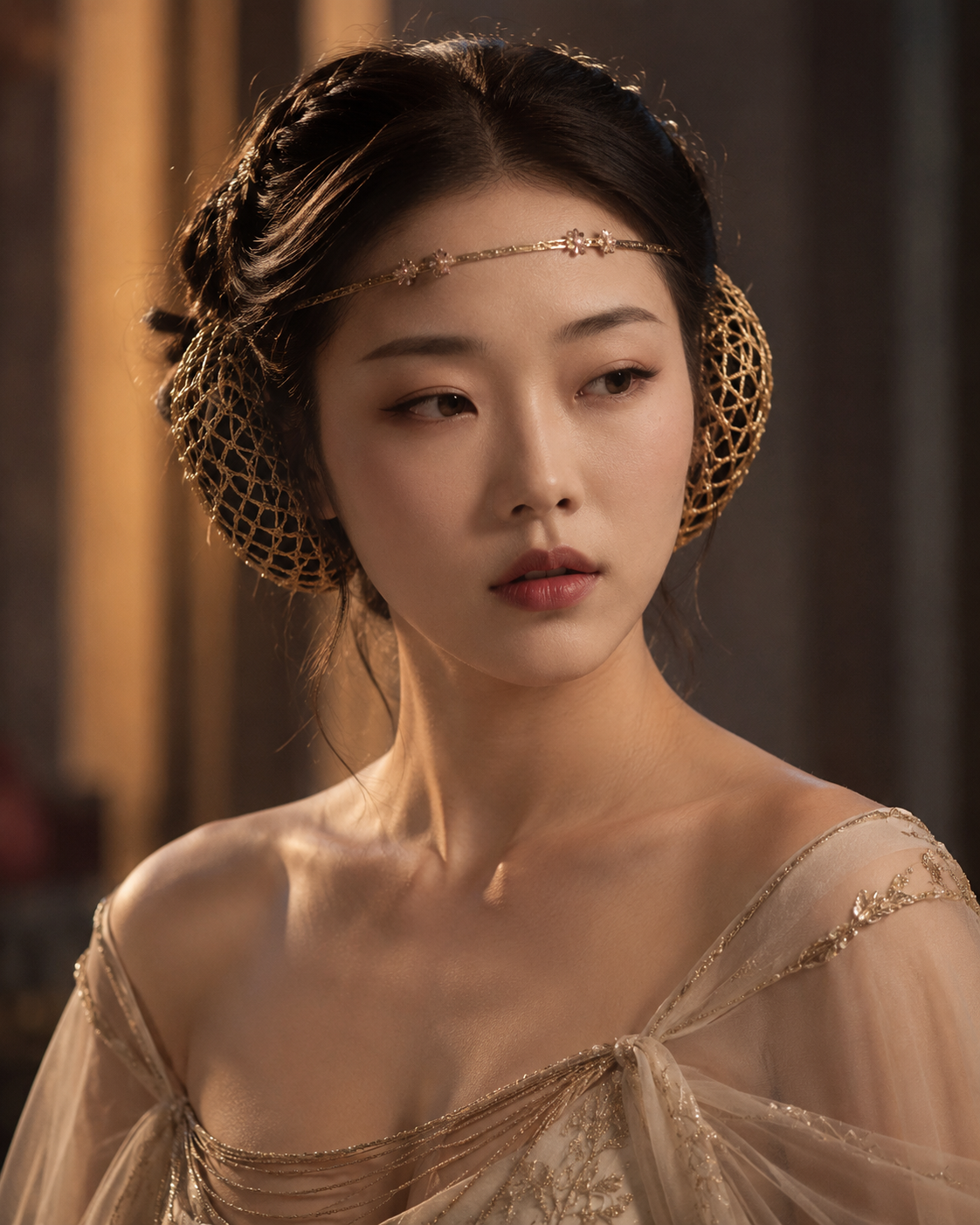 Portrait of an elegant woman in vintage attire with a gold mesh headpiece and sheer gown.