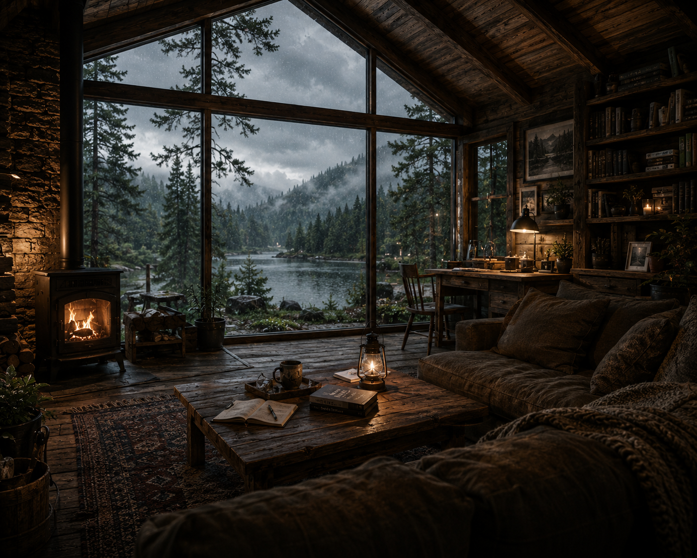 Cozy cabin living room with a large window view of a misty forest and lake, warm fire and rustic decor.