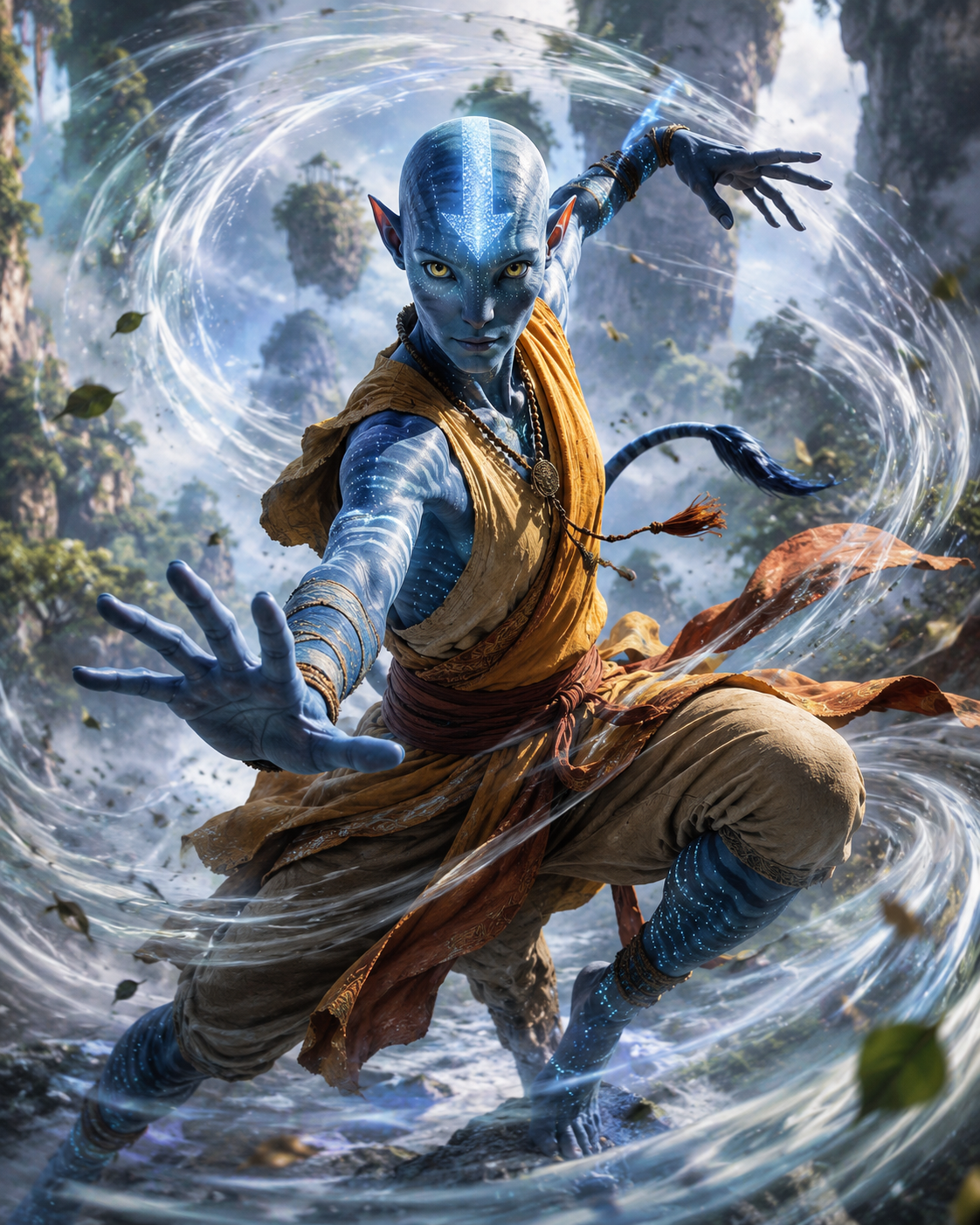 Avatar Na'vi warrior in dynamic action pose with wind swirl