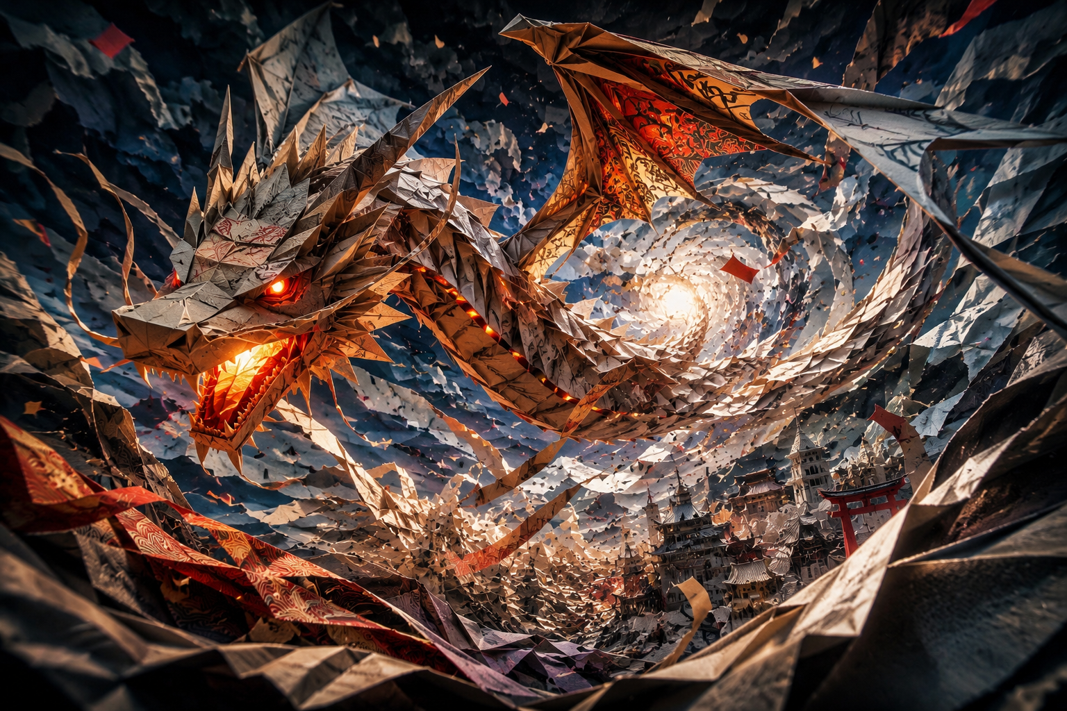 Gold and copper origami dragon spiraling through a metallic paper tunnel with glowing red eyes.