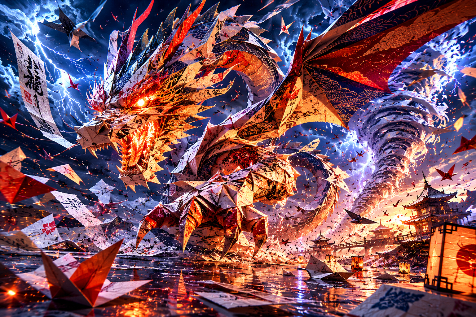 A fiery origami dragon spirals through a stormy night filled with paper shards and glowing lanterns.