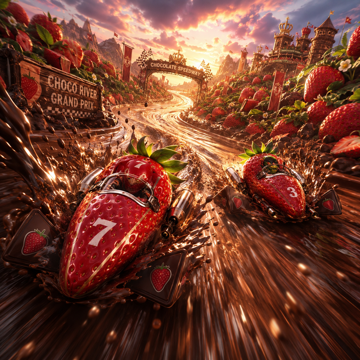 Strawberry-shaped chocolate racecars speeding along a glossy chocolate river track at sunset