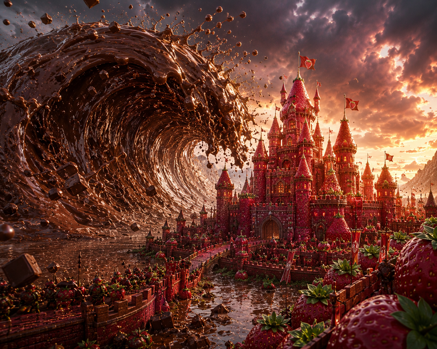 Strawberry castle by a giant swirling chocolate wave at sunset, whimsical dessert fortress.