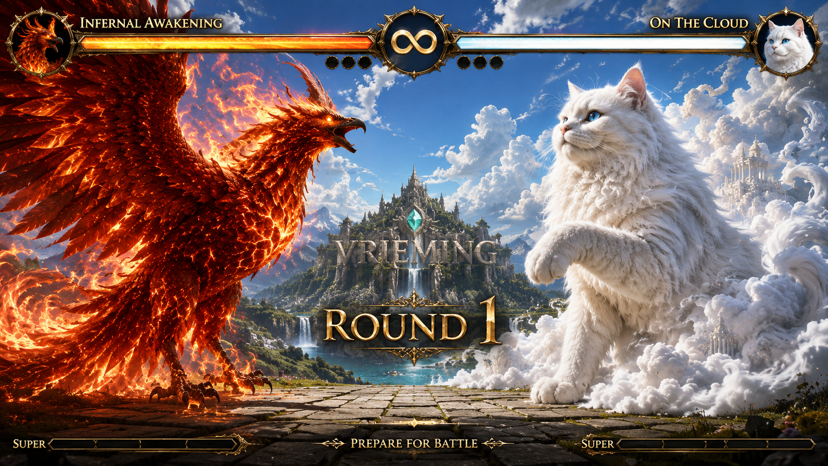 Fire dragon vs white cat in an epic fantasy battle screen with Round 1 title