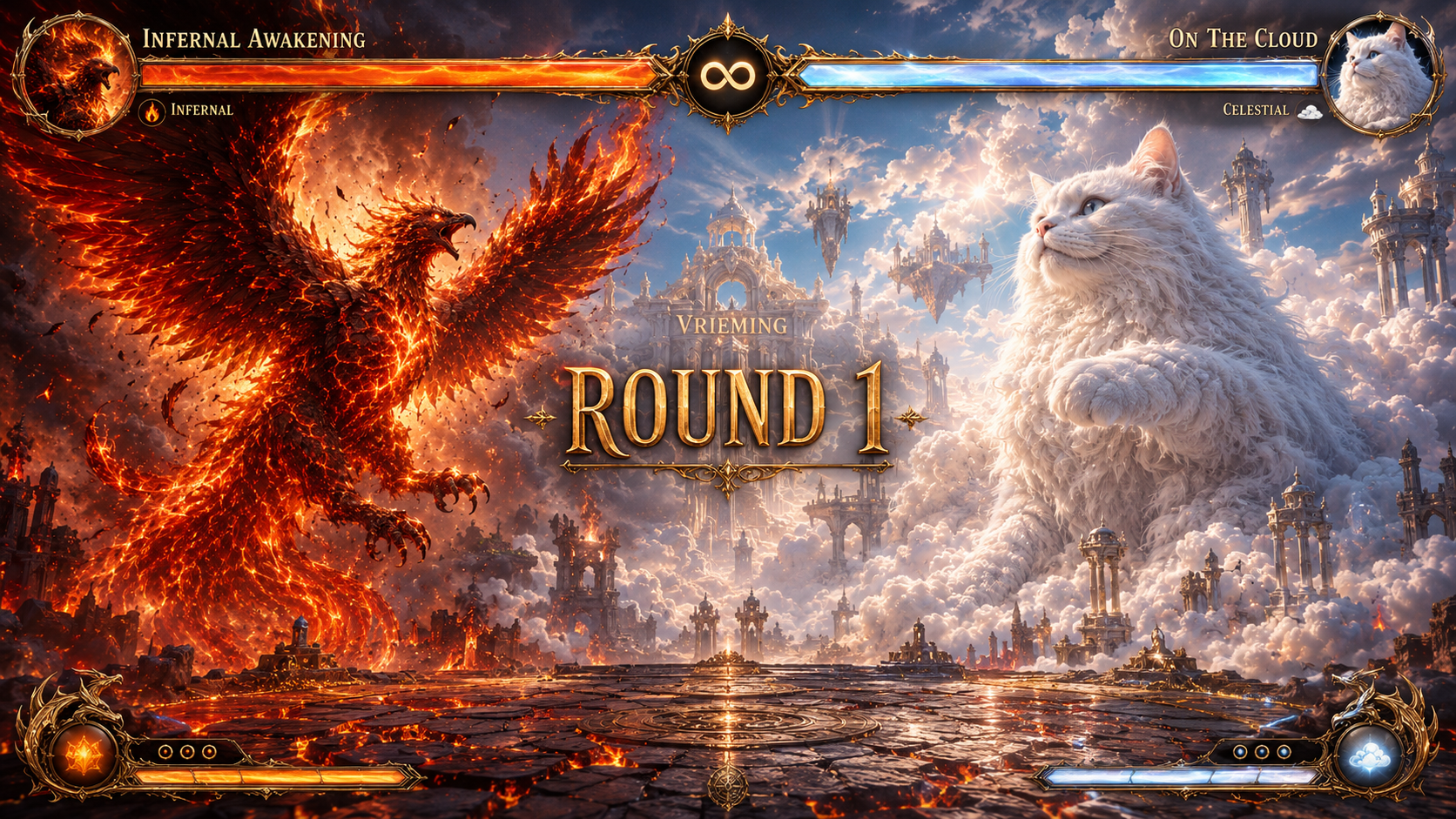 Fiery phoenix battles a colossal white mythical creature in a dramatic fantasy arena during round 1.