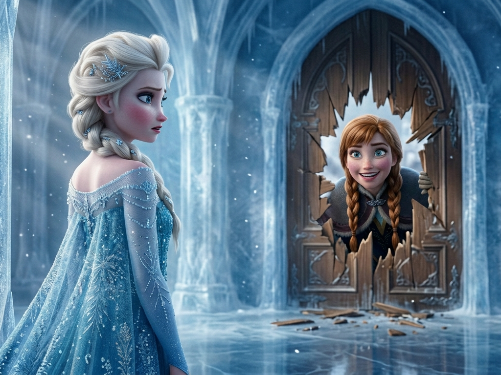 Elsa in an icy blue gown faces Anna peeking through a shattered wooden doorway.