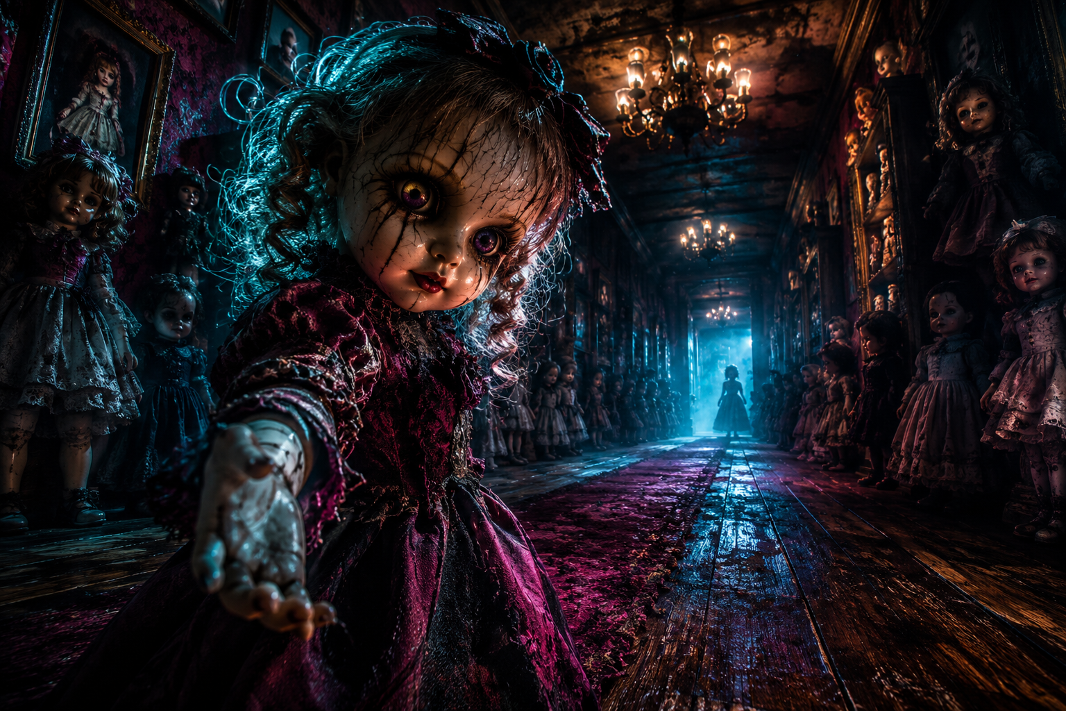 Creepy vintage doll in a dimly lit hallway reaching toward the viewer.