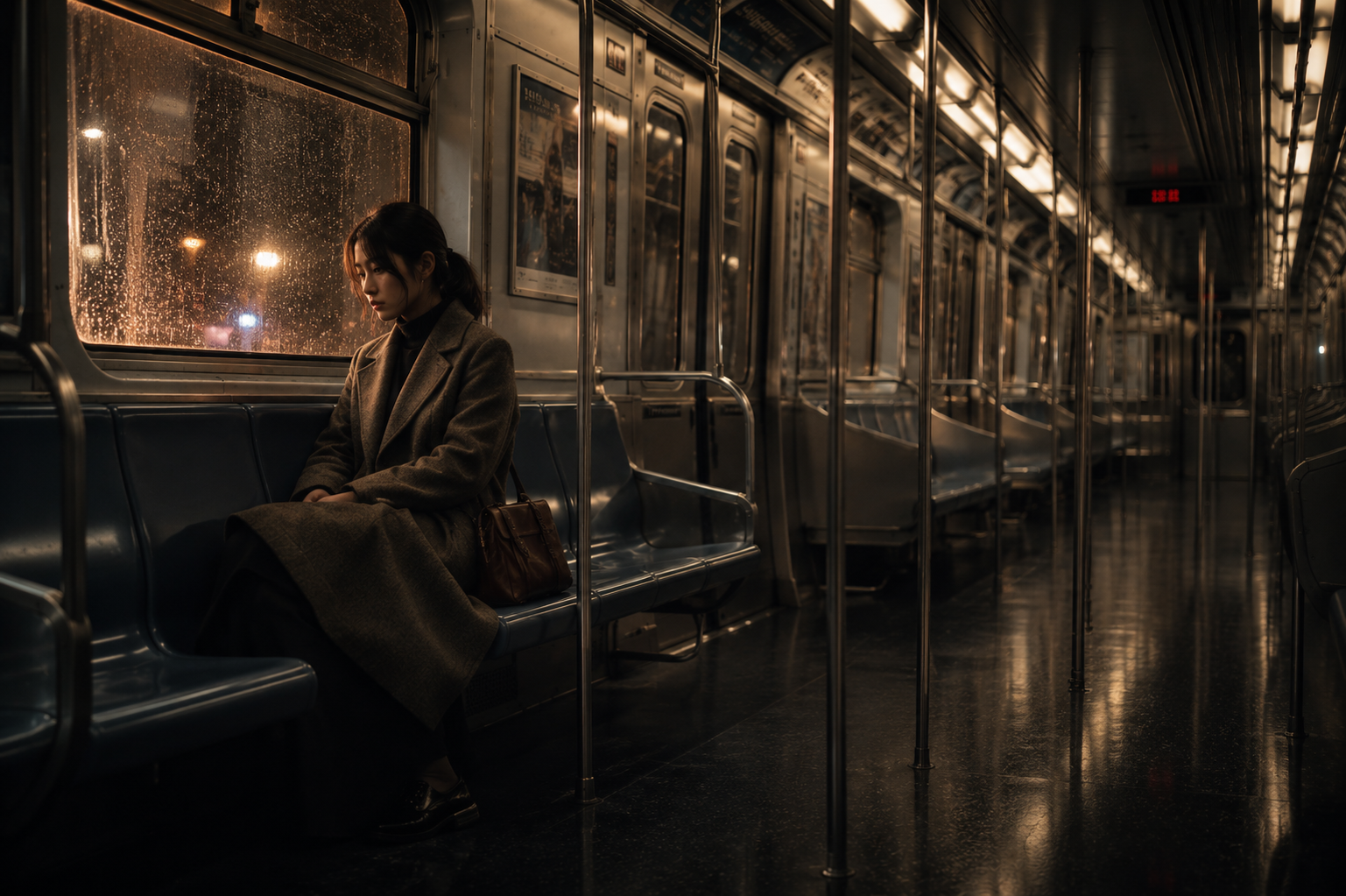Woman sitting alone on a dimly lit subway car at night.