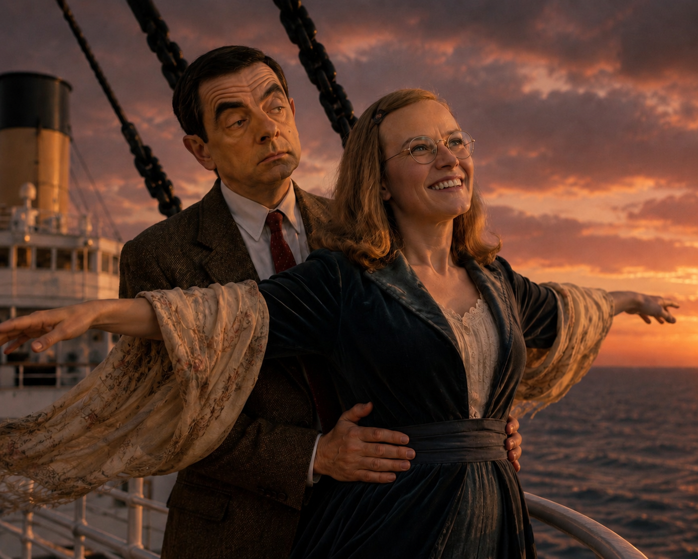 Couple on a ship deck at sunset, with arms outstretched and warm ocean hues behind them.