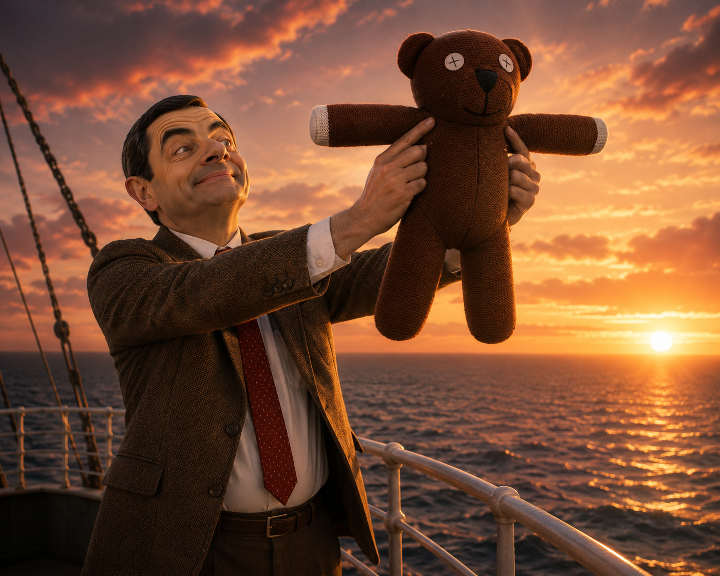 Smiling man in a suit holding a plush teddy bear on a ship at sunset.