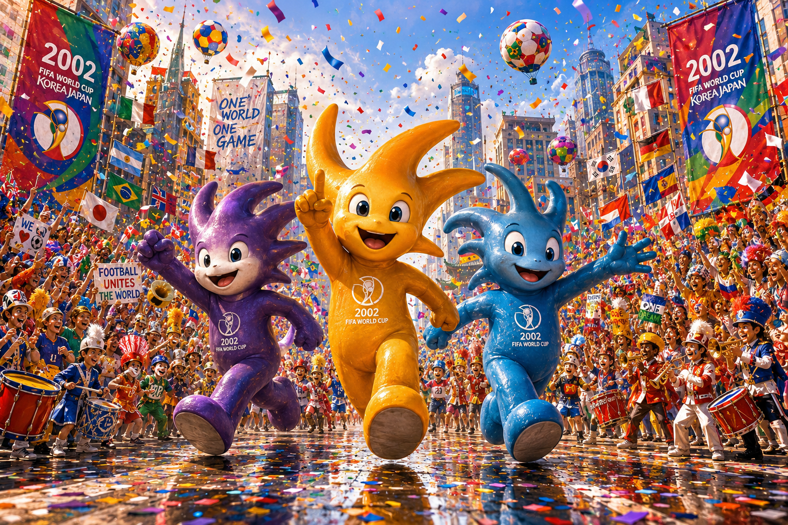 Three colorful 2002 FIFA World Cup mascots parading amid confetti and cheering crowds.