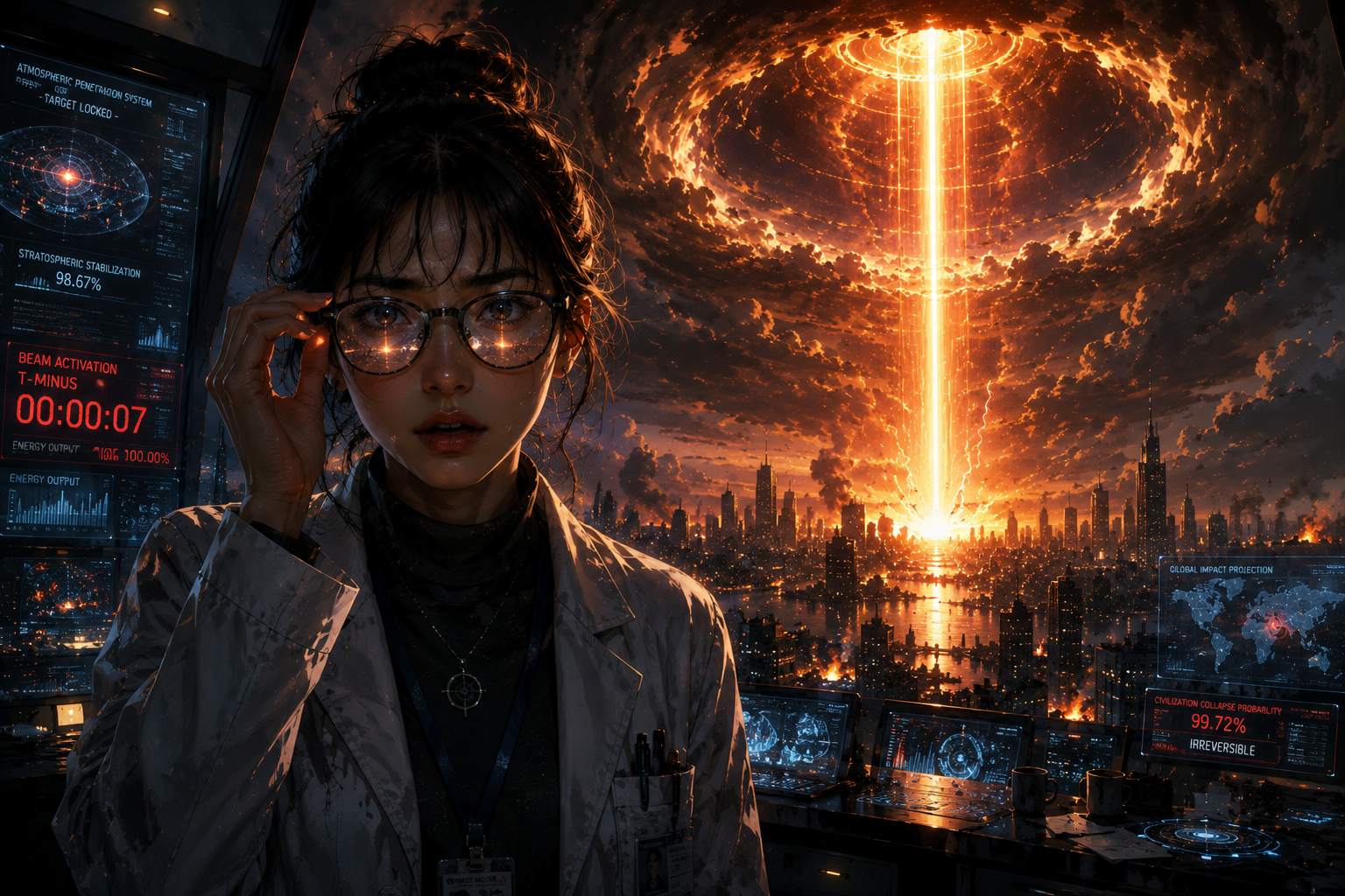 Female scientist in a high-tech control room as a fiery laser beam destroys a futuristic city.