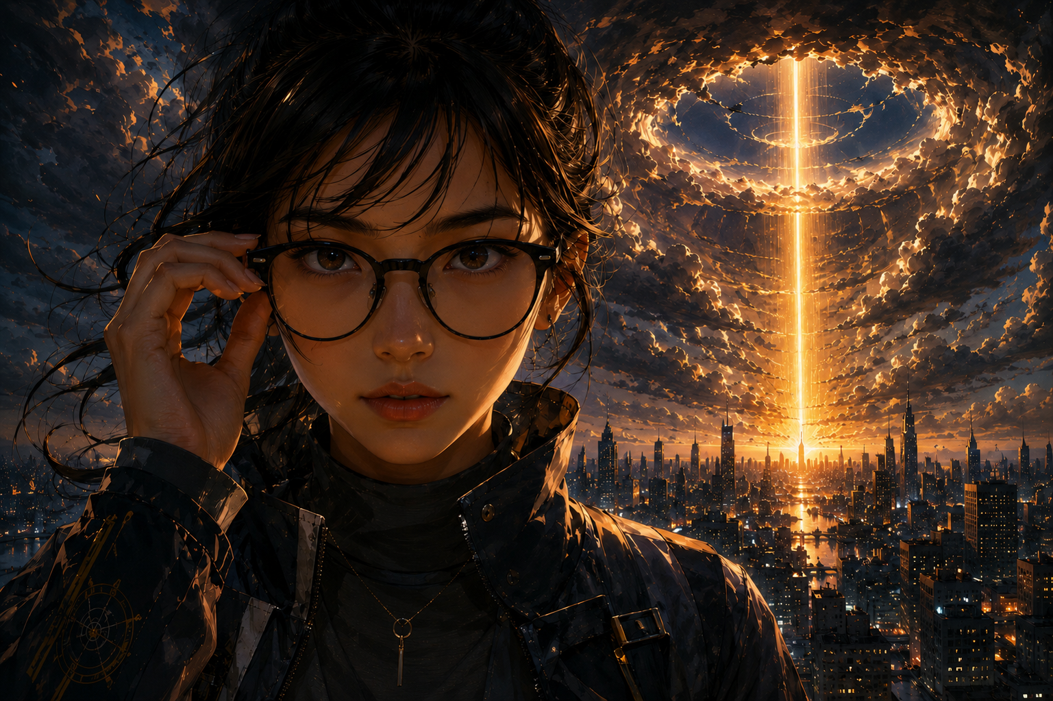 Portrait of a woman with glasses in a dark jacket, urban skyline, and a glowing vertical beam piercing dramatic clouds.