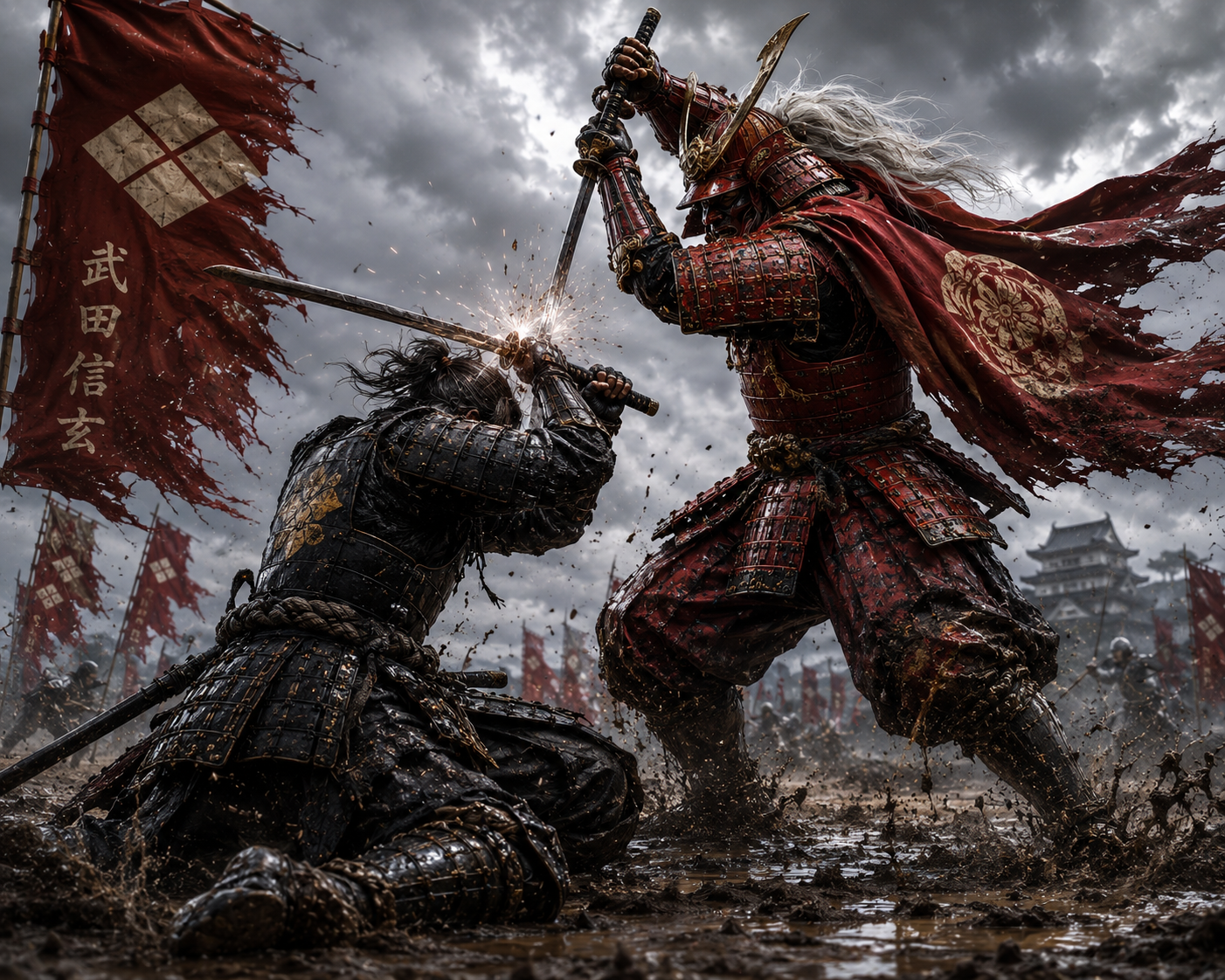 Two heavily armored samurai duel in a muddy battlefield with red banners and stormy skies.