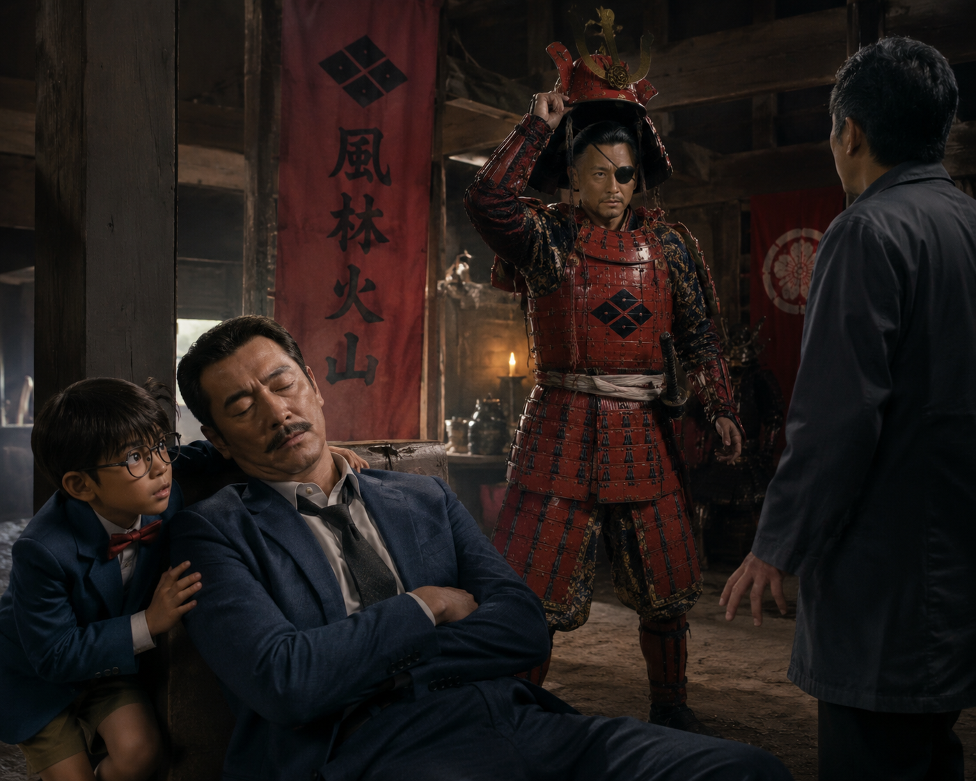 Man in a blue suit sleeps on a chair while a boy consoles him as a red-armored samurai stands in a dim wooden room.