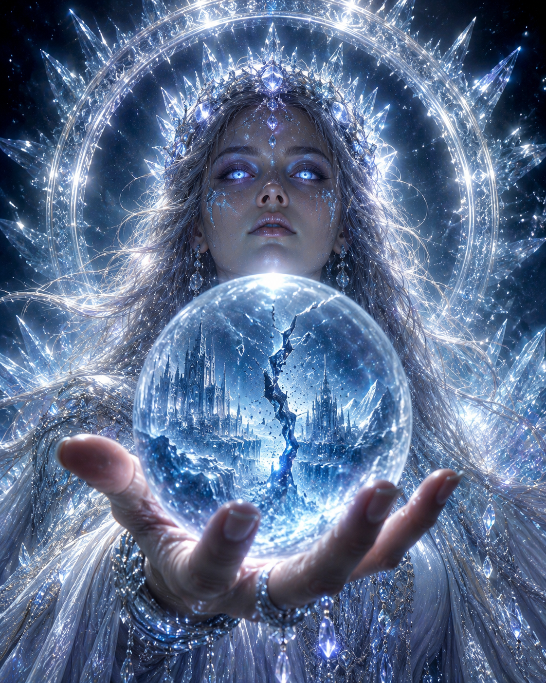 Ethereal ice queen with a glowing crystal halo holds a cracked crystal sphere containing a split frozen fantasy kingdom.
