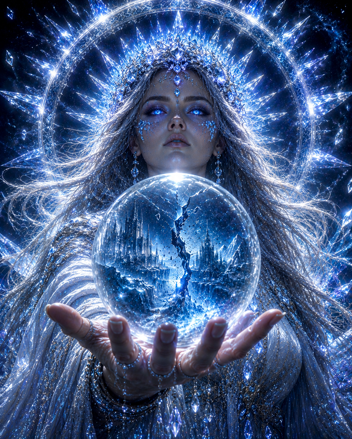 Glowing ice sorceress with a spiked crystal crown holds a magic crystal ball containing a split frozen fantasy castle, bat...
