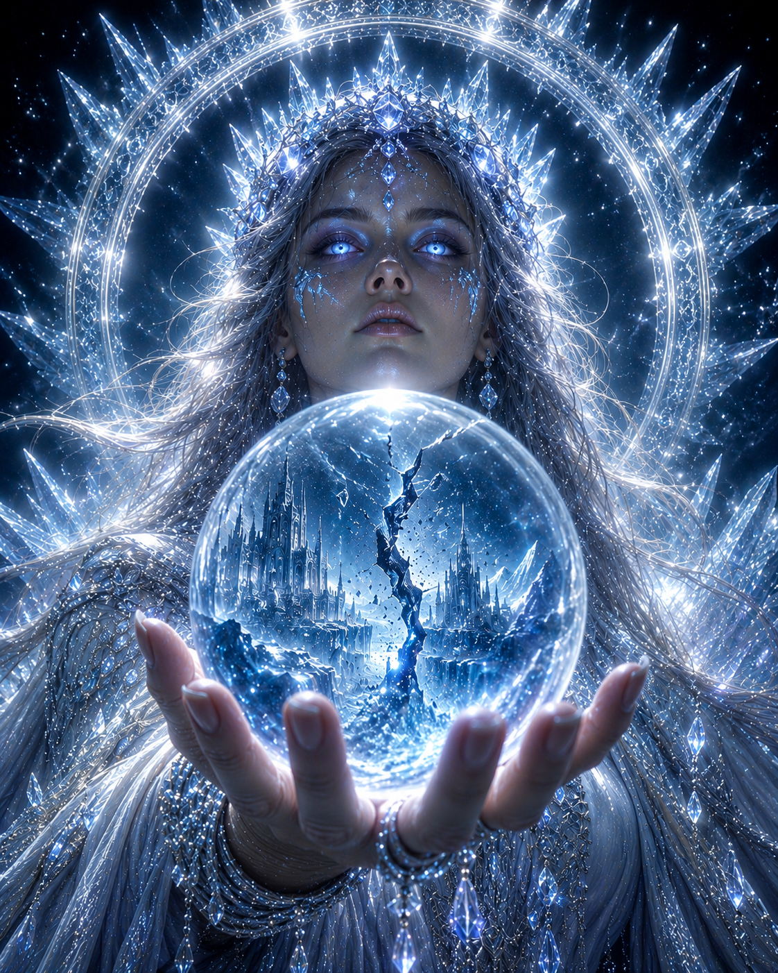 Glowing ice goddess with a crystalline halo holds a cracked crystal ball containing a split frozen fantasy castle against ...