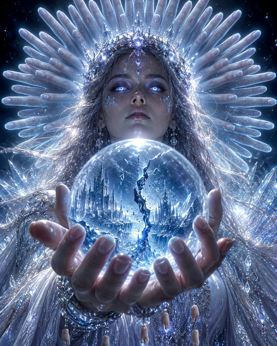 Celestial ice goddess with a glowing halo of hands holds a cracked crystal sphere containing a frozen magical city.