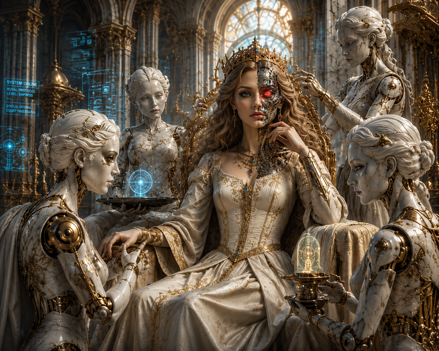 Half-cyborg royal empress on a gilded throne, surrounded by marble-and-gold robot handmaidens in a futuristic gothic thron...