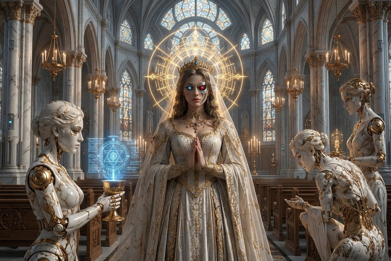 Cybernetic holy queen with glowing golden halo stands in a gothic cathedral flanked by marble-and-gold cyborg attendants.