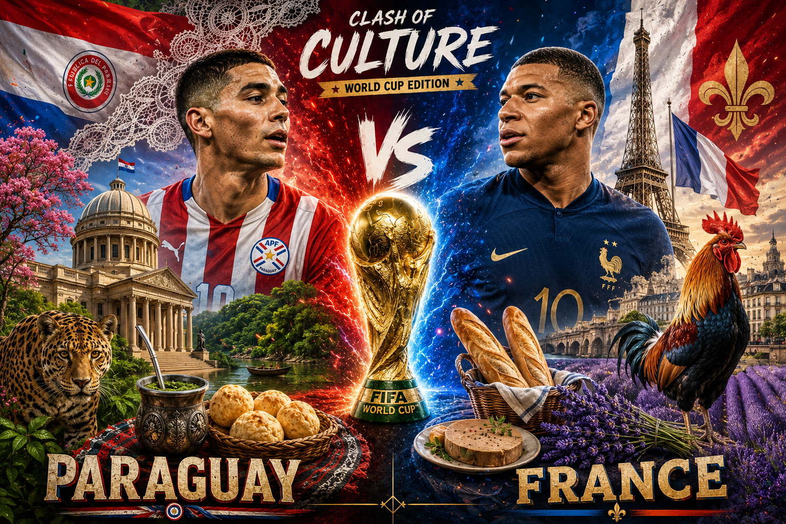 ["Clash of Culture World Cup poster for Paraguay vs France, with star players, national cultural symbols, and the FIFA Wor...