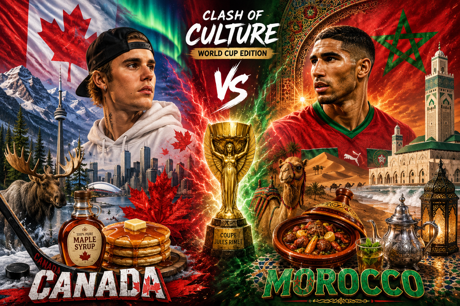 [Clash of Culture World Cup graphic pitting Canada vs Morocco, with national cultural symbols flanking a central Jules Rim...