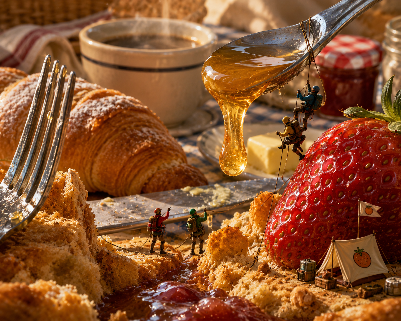 Miniature hiker figurines climb a honey-dripping spoon in a surreal tiny world breakfast diorama scene.