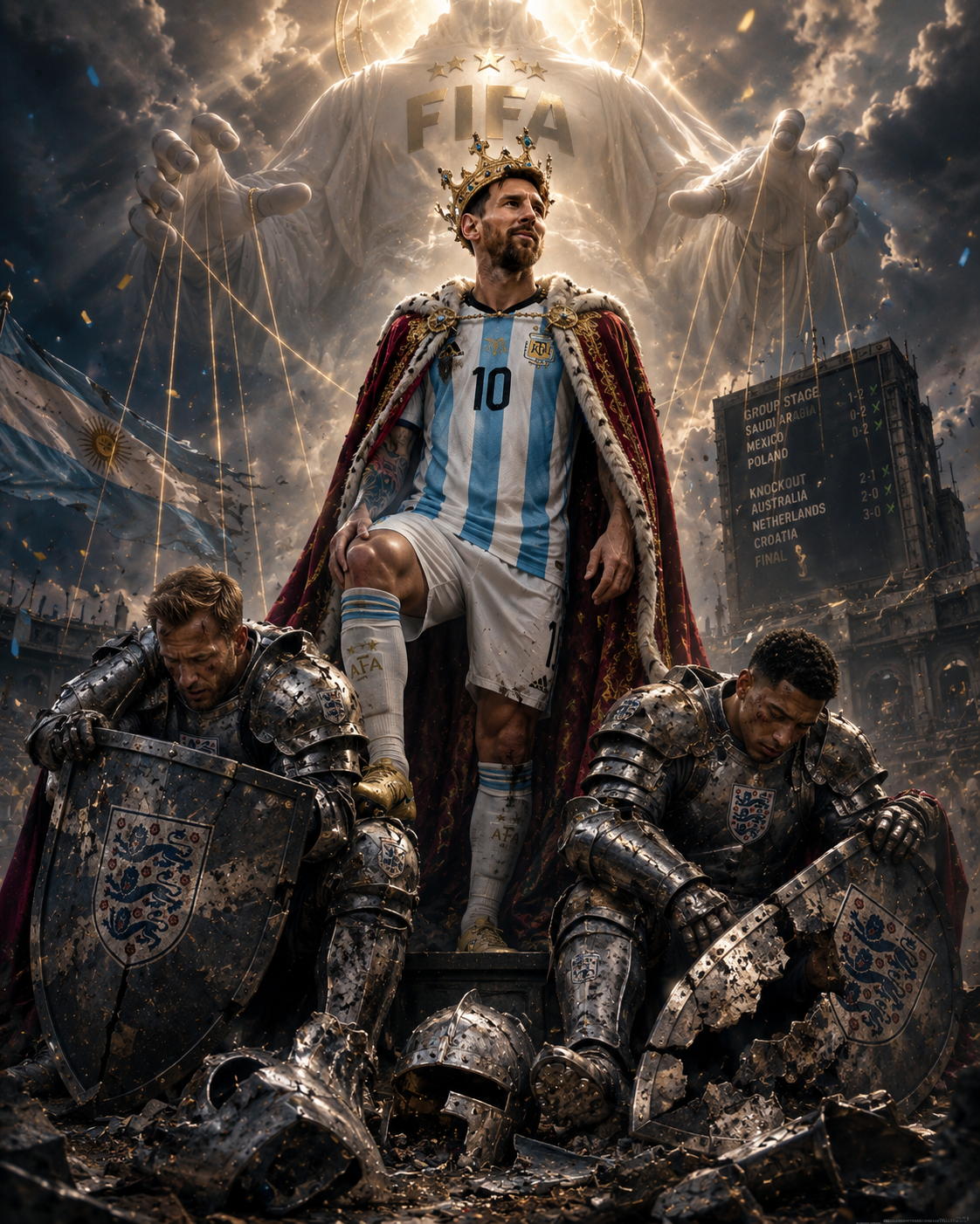 [Crowned Lionel Messi in Argentina #10 jersey stands as football king over defeated opponents, a divine FIFA figure looms ...