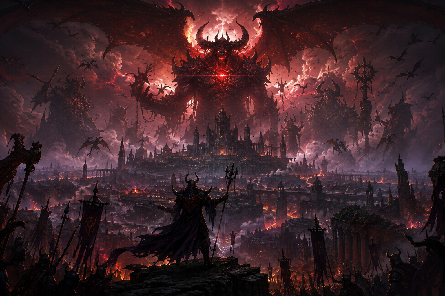 [Massive winged horned demon lord looms over a burning hell citadel, as a dark knight overlooks a demonic army under a blo...