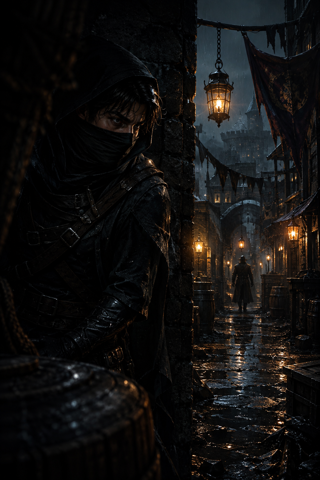 [Hooded masked rogue lurks in shadow on a rain-soaked medieval city alley at night, glowing lanterns line the cobblestone ...