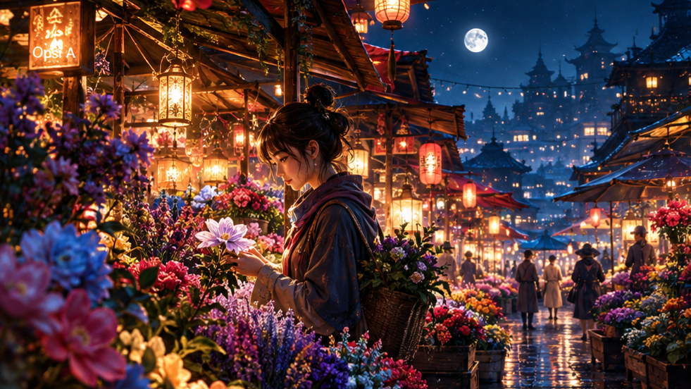 Young woman admires a flower at a lantern-lit historic East Asian night market under a bright full moon