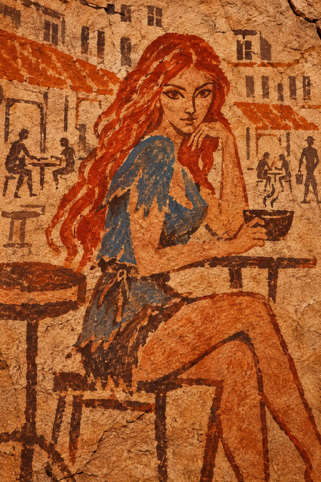 Ancient fresco-style rock painting of a red-haired woman sitting at an outdoor cafe holding a hot drink