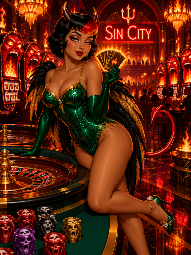Pinup style she-devil holding playing cards leans on a roulette table in a fiery Sin City hell casino