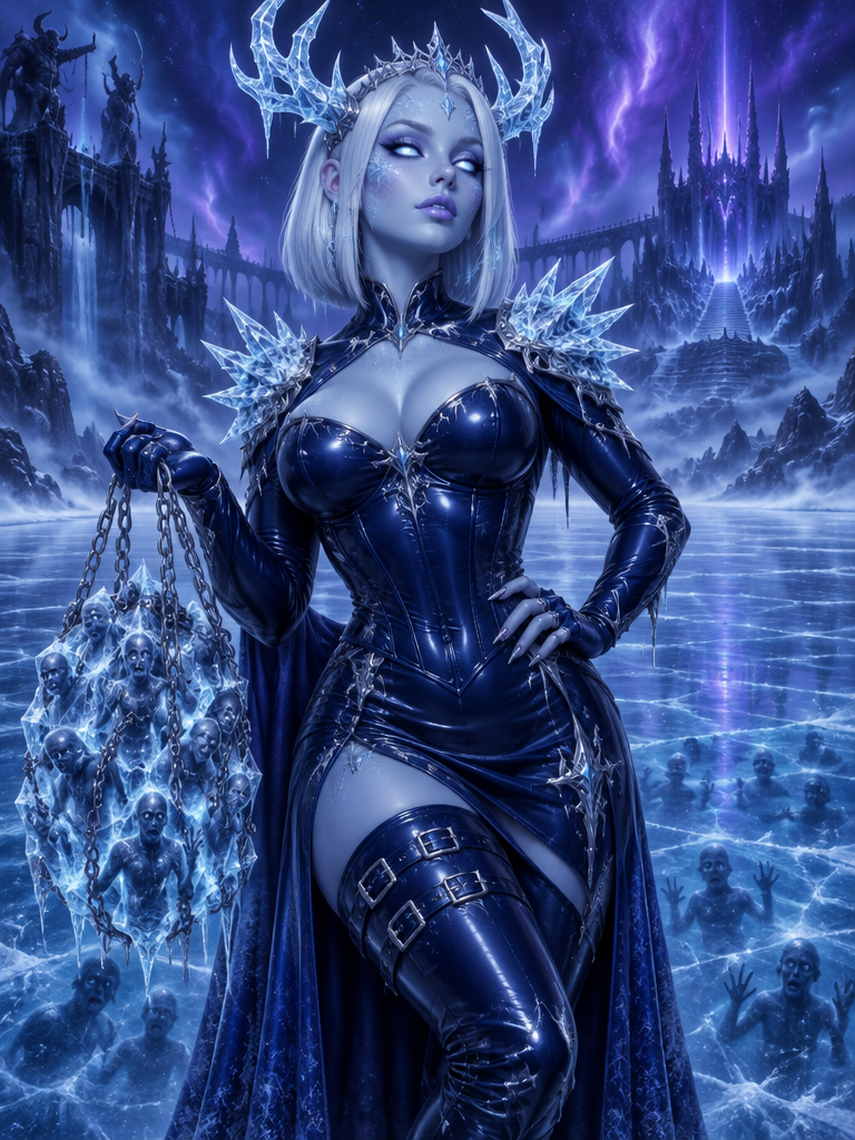 Regal ice lich queen stands holding encased frozen souls above a frozen underworld lake and spiky castle