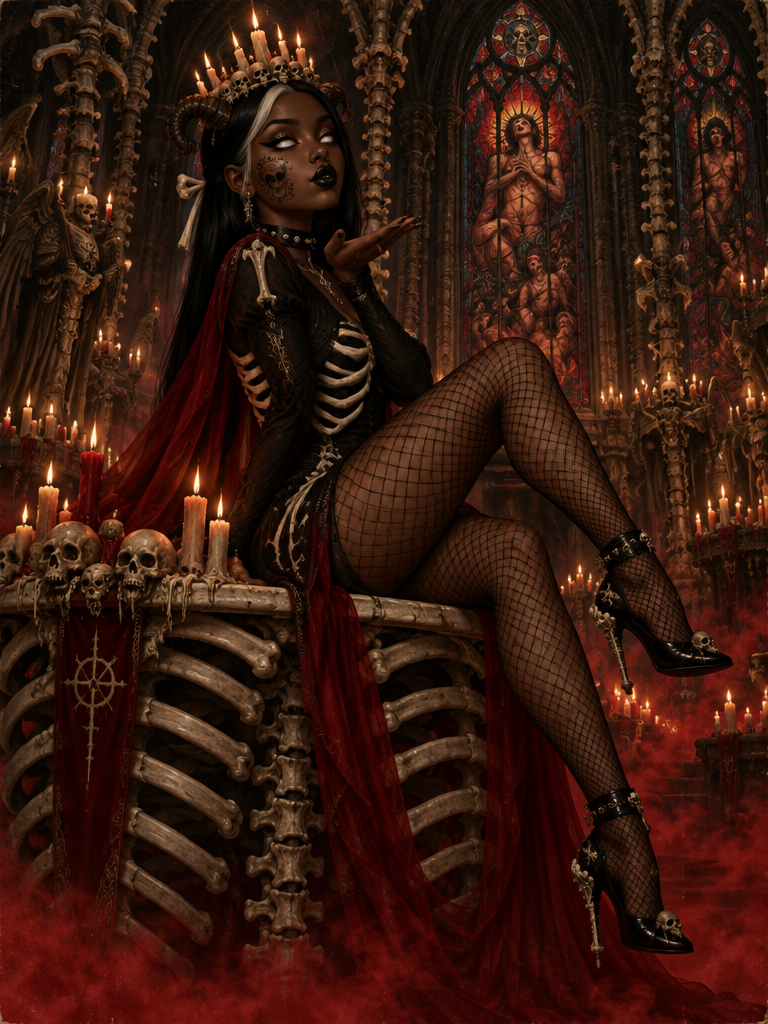 Gothic dark queen in skeleton attire sits atop an ornate bone throne in a candlelit gothic cathedral