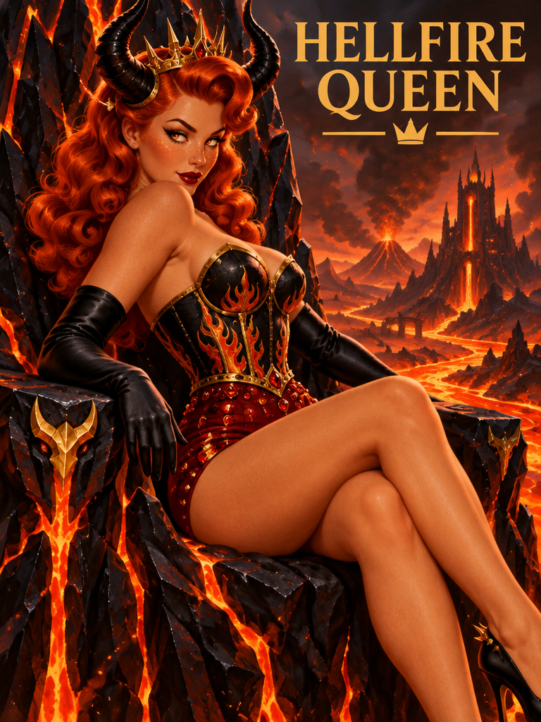 Horned red-haired Hellfire Queen sits on a glowing obsidian lava throne overlooking a fiery hellish landscape
