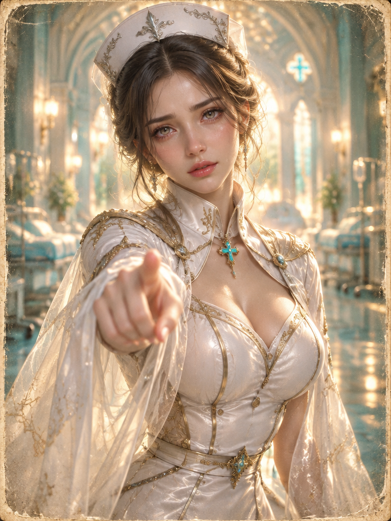 Elegant fantasy cleric healer points directly at the viewer from a sunlit cathedral infirmary