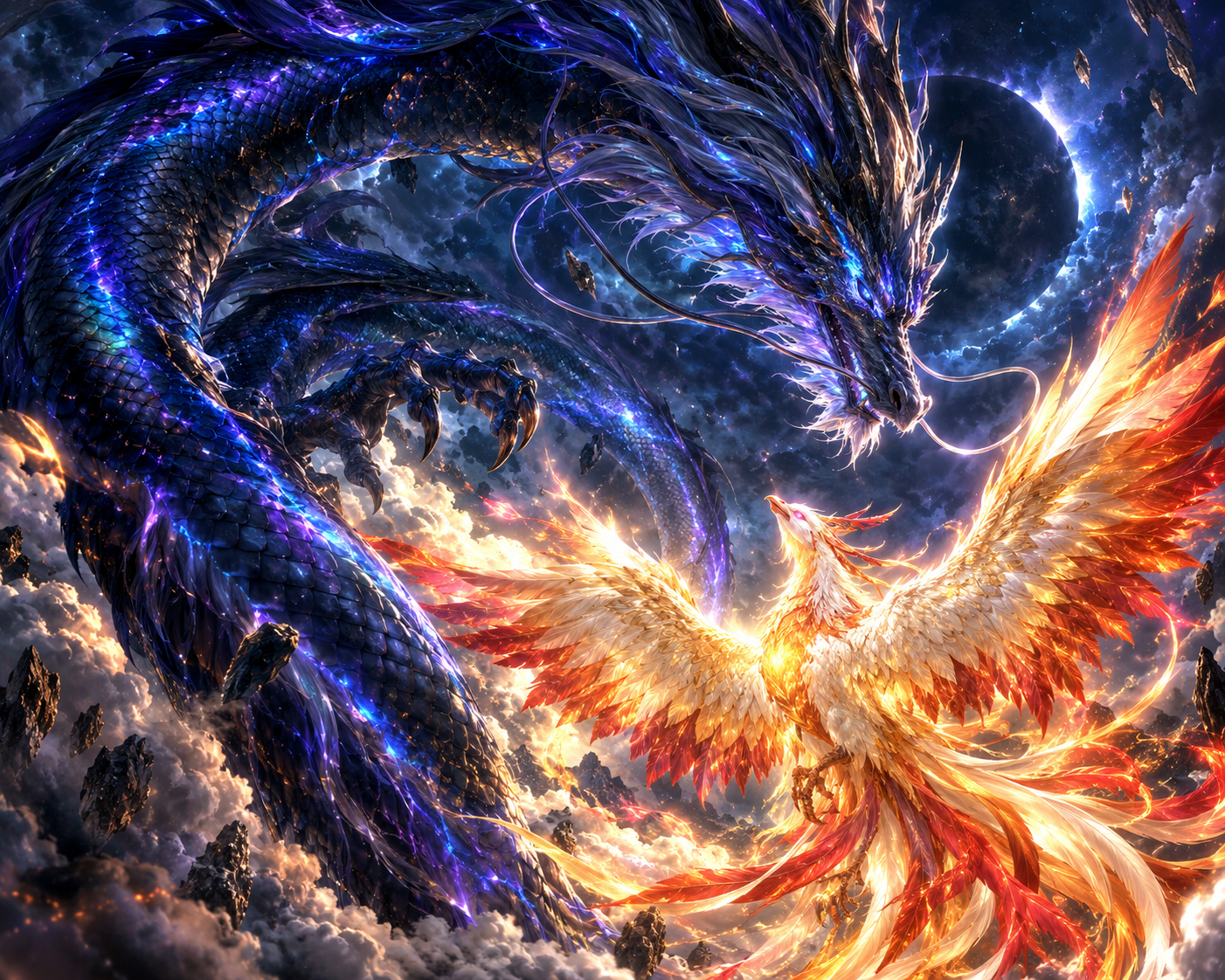 Glowing celestial blue eastern dragon faces a fiery golden phoenix above storm clouds under an eclipsed night sky
