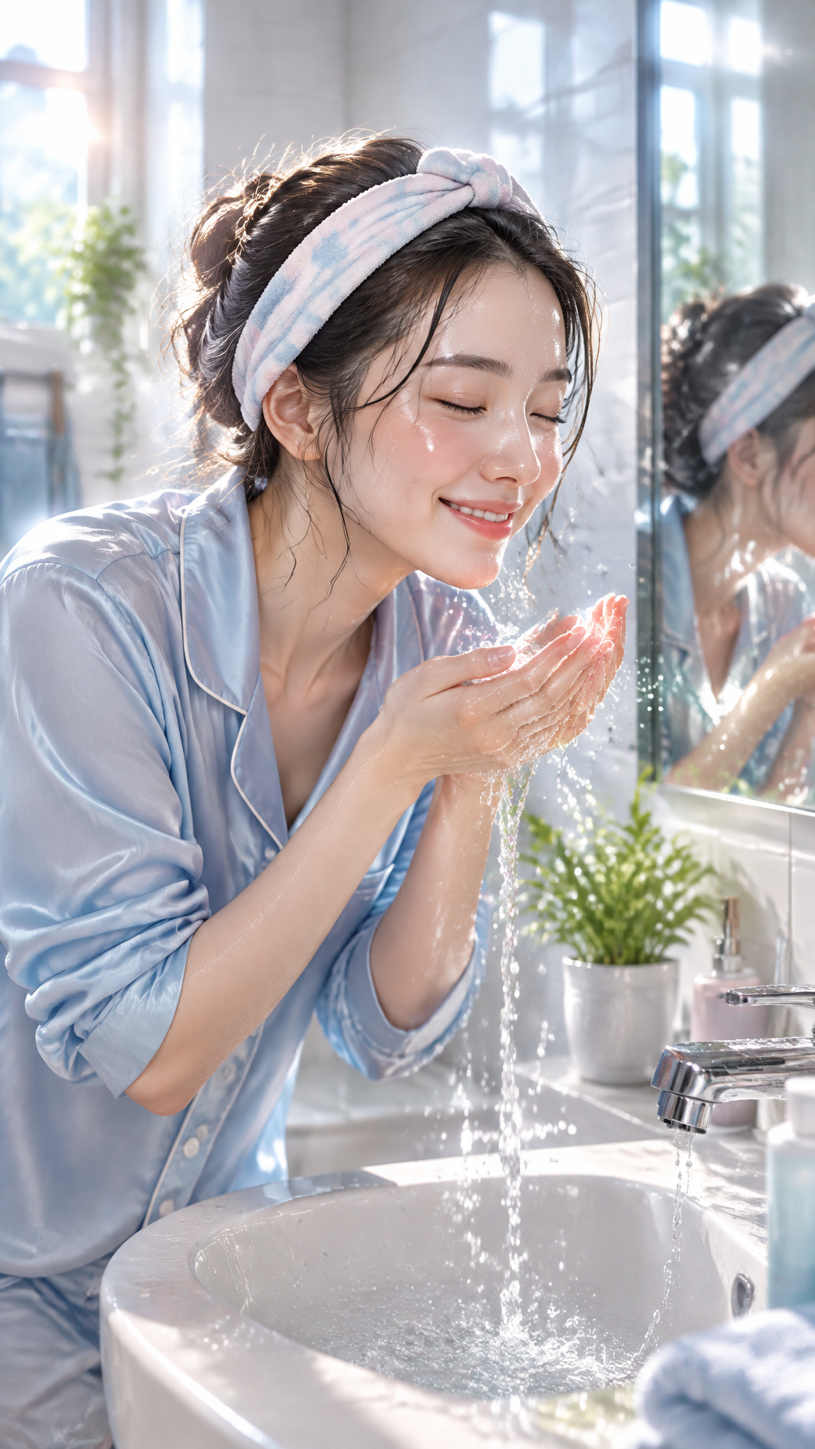Smiling young woman washing her face at a sunlit bathroom vanity wearing a soft cloth headband